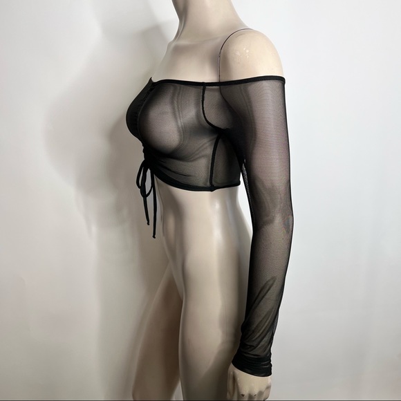 SOLD Fashion Nova Black Off Shoulder Mesh Long Sleeve Crop Top - Picture 4 of 8